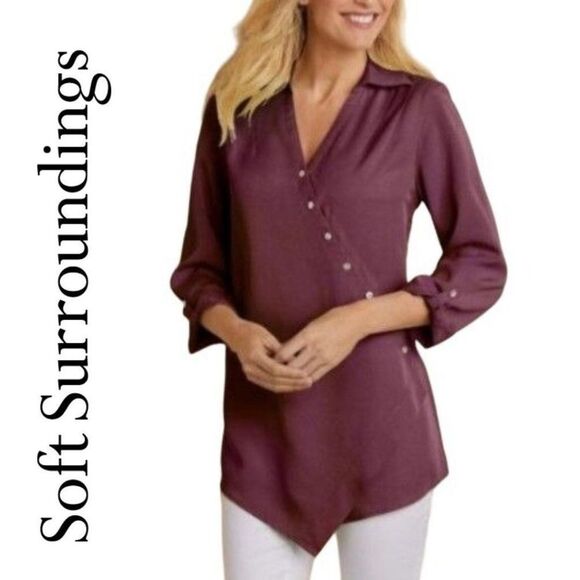 Soft Surroundings Size PM Tunic Top Washed Tencel Purple Wrap Front Asymmetric - Picture 1 of 13